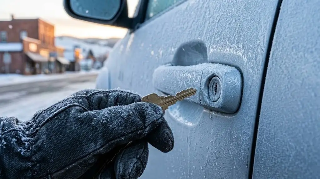 Frozen vehicle lock in a cold Echo morning