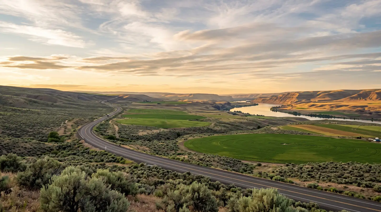 Eastern Oregon highway near Hermiston at golden hour