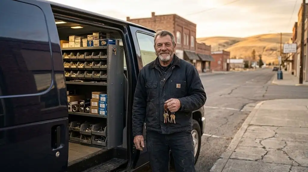 Locksmith service van in a small eastern Oregon town